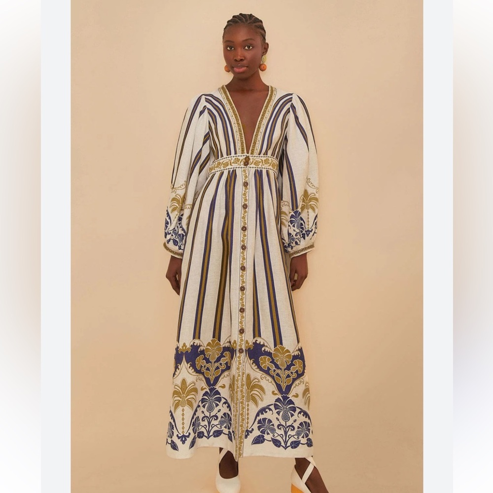 FARM Rio White Maxi Dress with Navy and Gold Embroidery